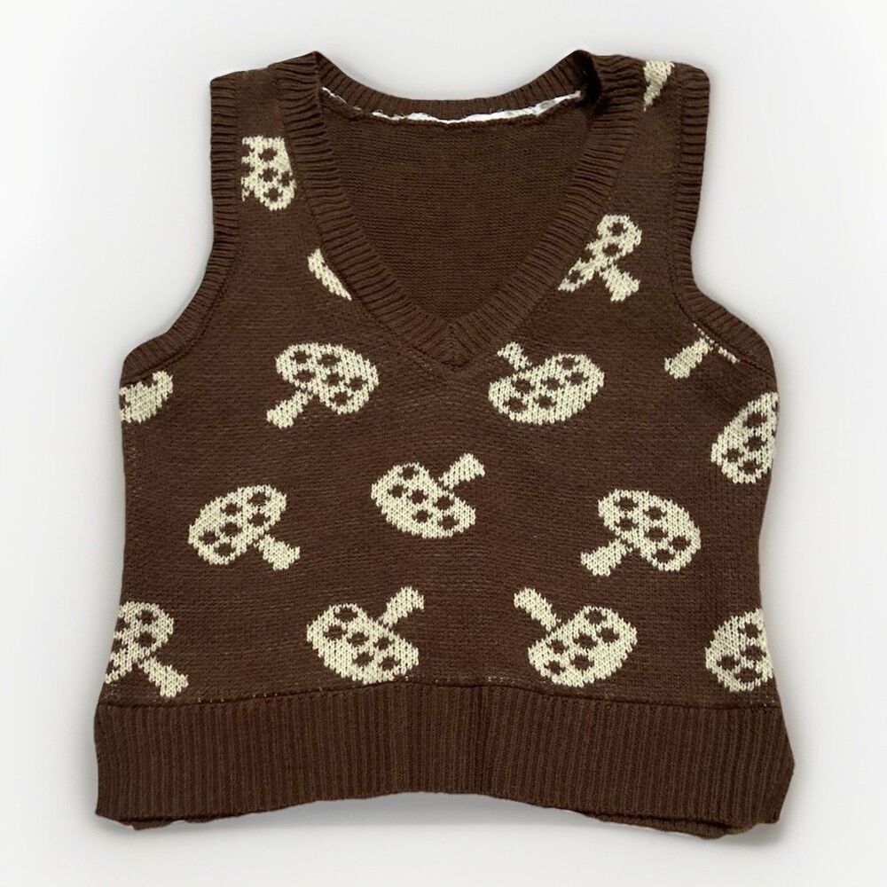 Retro Hippie  Mushroom Print Sweater Vest Top Small Cottage Core